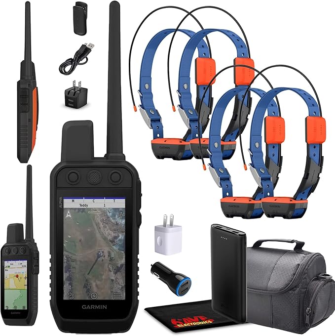 Garmin Alpha 300 Handheld Advanced Tracking and Training System for Hunting Dogs Bundle with 4X Garmin Dog Collars Alpha T20 Dog Tracker Collar with GPS + Field Bag + Charger and More Accessories