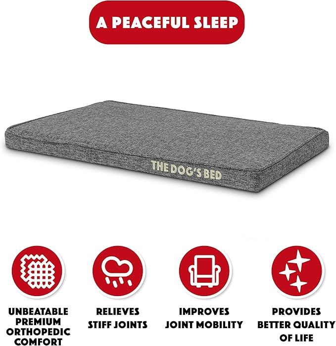 The Dog’s Bed Orthopedic Memory Foam Dog Bed, Small Grey Poly-Linen 28x19 Pain Relief for Arthritis, Hip & Elbow Dysplasia, Post Surgery, Supportive, Calming, Waterproof Washable Covers