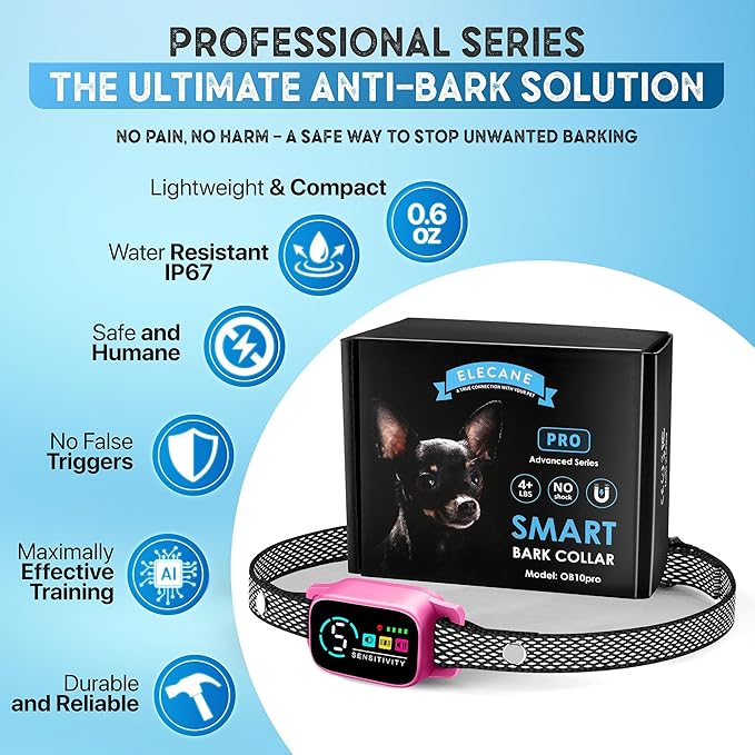 Tiny Bark Collar for Small Dogs 5-15 lbs – No Shock Anti Barking Collar with AI Chip – 3 Modes & 5 Sensitivity Levels – Waterproof, Rechargeable, Magnetic Charging – Humane, Effective Training (Pink)