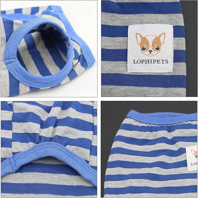 LOPHIPETS 100% Cotton Striped Dog Shirts for Small Dogs Chihuahua Puppy Clothes Tank Vest-Blue and Gray Strips/XL