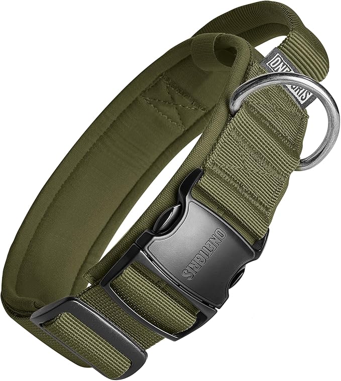 OneTigris Tough Dog Collars, Tactical Dog Collar with Handle, Milltary Adjustable Dog Collar with Heavy Duty Metal Buckle for Training (Medium (Pack of 1), Green)