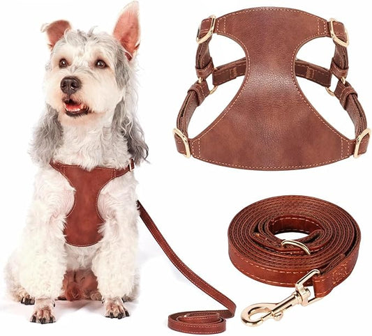 Didog Small Dog Harness and Leash Set, Soft & Lightweight Dog Vest Harness, Adjustable Leather Dog Harness for Small Medium Dogs, Brown, M