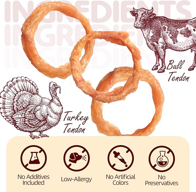 Turkey Tendons for Dogs, Small Dogs Training Treats, Natural Long-Lasting Chews Sticks, High-Protein Beef Tendons, Healthy Hypoallergenic Beggin Ring【S】(10 Units/Pack, 4.23 oz)