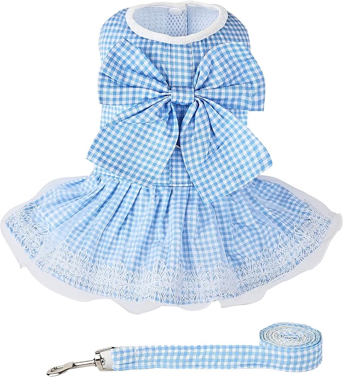 Dog Dress Plaid with Bowknot Cute Dress for Small Dog Cat Puppy Outfits with Harness Leash（ Blue，Small ）