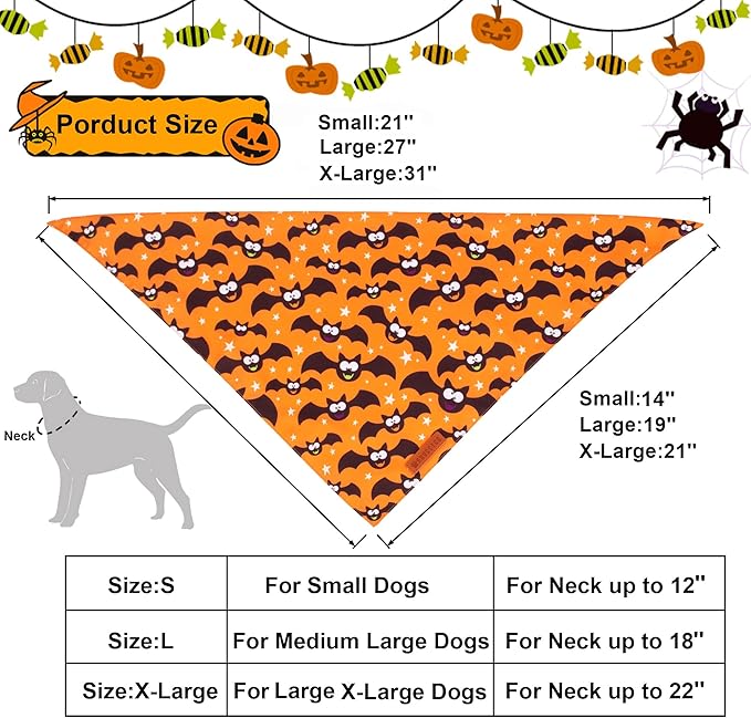 ADOGGYGO Halloween Dog Bandana, Pumpkin Bat Pet Scarf, Premium Durable Fabric, Adjustable Fit Halloween Bandanas for Medium Large Dogs Pets (Large)