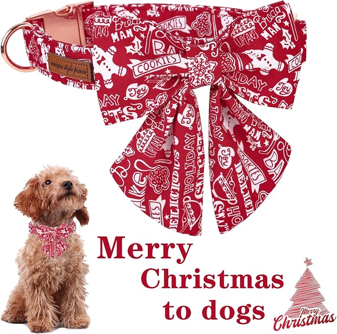 Unique style paws Christmas Dog Collar with Bow Tie Gingerbread & Snowman Winter Puppy Collar for Small Medium Large Dogs-XL