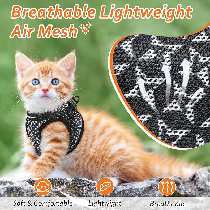 Cat Harness and Leash Escape Proof for Walking, Safe Adjustable Medium Kitten Vest Set with Reflective Strip for Kitty, Easy Control Comfortable Soft Outdoor Pet Harnesses, Black, Medium