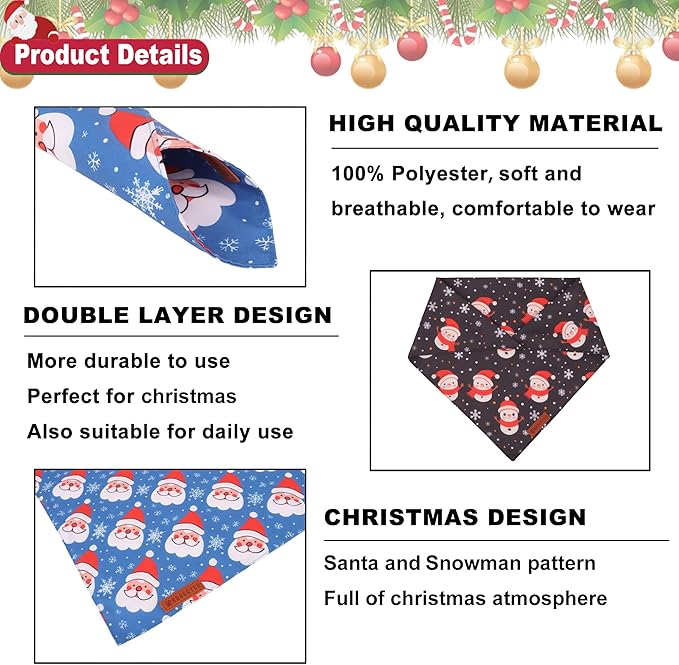 ADOGGYGO Christmas Dog Bandanas 2 Pack, Reversible Triangle Santa Snowman Pet Xmas Scarf, Adjustable Fit Christmas Bandanas for Small Dogs Pets (Small)