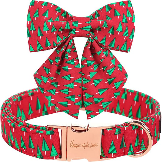 Unique style paws Christmas Dog Collar with Tie Best Winter for Small Medium Large Dogs-Christmas Tree-M