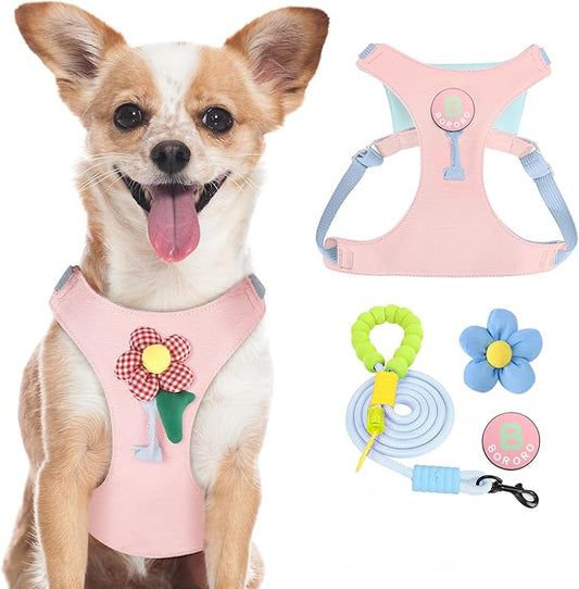 Dog Harness and Leash Set with 2 Flower Patches, No Pull Adjustable Puppy Harness, Step in No Chock Dog Vest for Small Medium Dogs Puppy and Cats(Pink, XS)