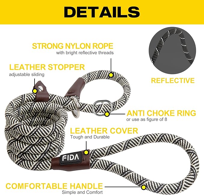 Fida Slip Leads for Dogs - 4 FT x 1/2" Heavy Duty Comfortable Strong Rope Leash for Large, Medium Dogs - No Pull Pet Training Leash with Highly Reflective, Grey