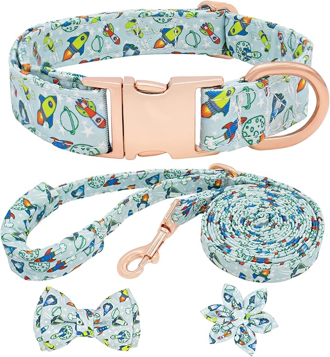 Dog Collar and Leash Set Adjustable Girls Puppy Floral Collars with Bow Tie for Small Medium Large Dogs(S, Rocket)