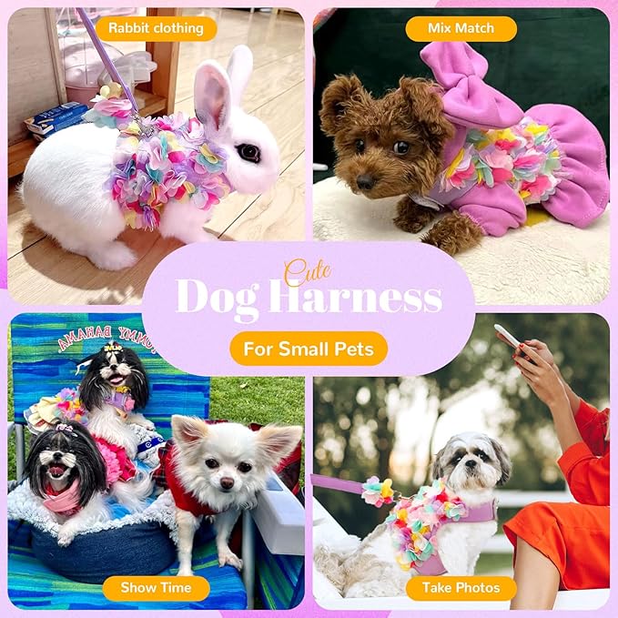 Cute Dog & Cat Harness Set - Purple Lace Floral Girl Puppy Harness - Soft Mesh, Escape Proof, Small Sizes