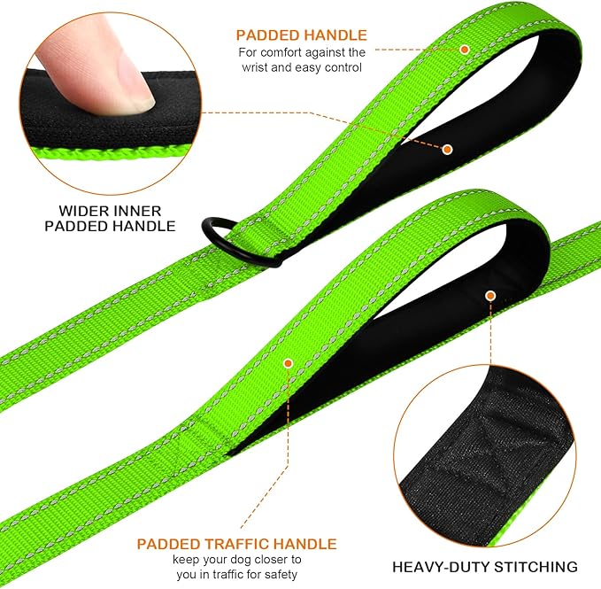 Joytale Dog Leash Heavy Duty for Large Dogs That Pull, Double Handle for Traffic Control, Double-Sided Reflective Leashes for Large Medium Dogs Night Safety, 5FT, Green