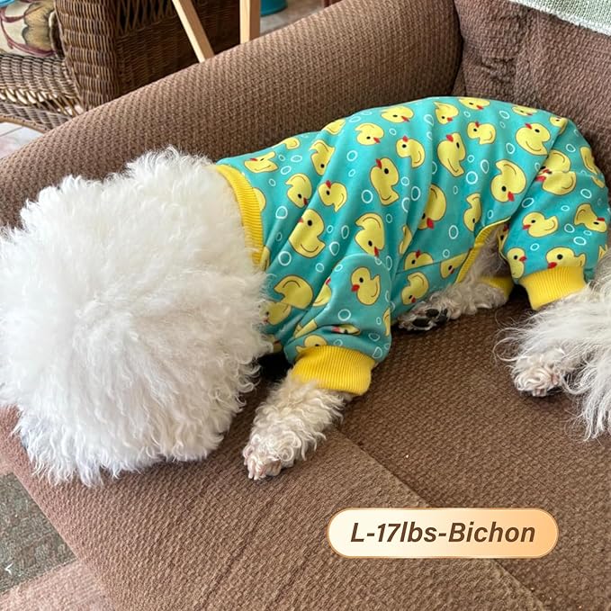 KYEESE Dog Pajamas Stretchy Pet Jammies Coat Comfy Pet Onesie Costume Velvet Dog Pajamas Small Sized Dogs Soft Dogs Clothes Pjs with Yellow Ducks Pattern, Large