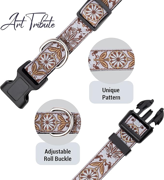 Dog Collars for Small Medium & Large Dogs - Female and Male Patterns on Long Lasting, Adjustable, Strong and Durable, Puppy Quick Release Buckle, White Woven Collar