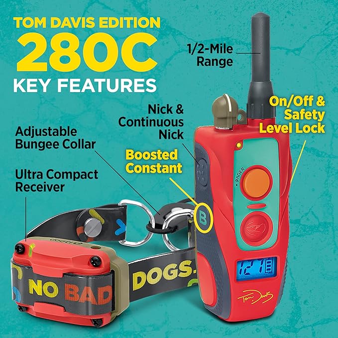 Dogtra E-Collar Tom Davis 280C Boost & Lock, Waterproof, 1/2-Mile Range Dog Training Collar with Remote, Rechargeable, 127 Levels, Vibration, Bungee, No Bad Dogs Trainer for Small, Medium, Large Dogs