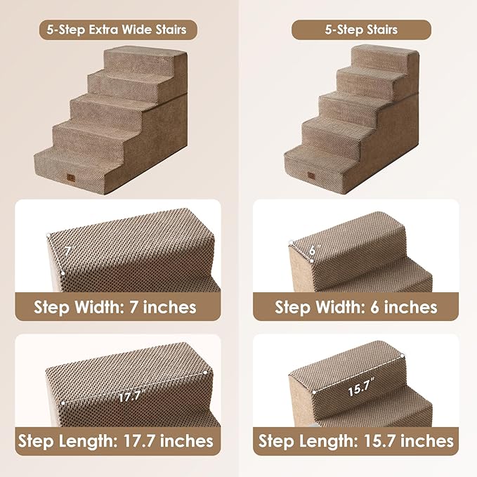 EHEYCIGA Dog Stairs for High Bed 25”H, 5-Step Extra Wide Dog Steps for Bed, Pet Steps for Small Dogs and Cats, Non-Slip Balanced Dog Indoor Ramp, Camel