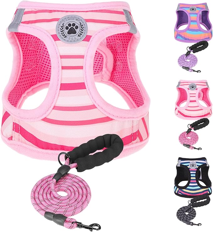 BEAUTYZOO Dog Harness and Leash Set for Small Dogs,No Pull Step-in Harness for Puppy XS S Sized Dogs and Cats,Air Mesh Adjustable Breathable Soft No Chock Escape Proof Vest Harnesses,Striped Pink S