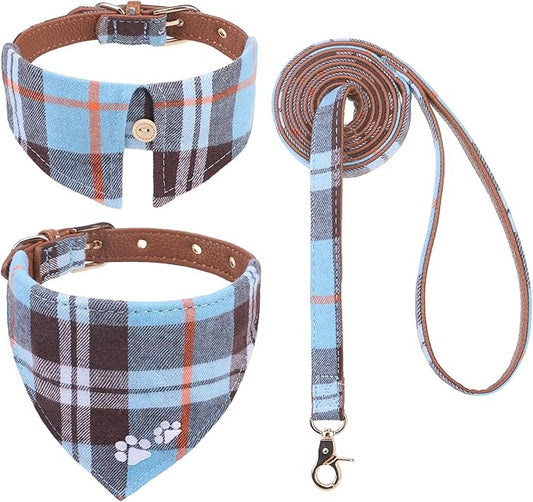 EXPAWLORER Dog Collar and Leash Set - Embroidery Pawprints Plaid Medium Dog Collar and Leash Set, Cute Dog Bandana Collar, Dog Collars for Small Medium Dogs Cats Girl Boy, SkyBlue Medium
