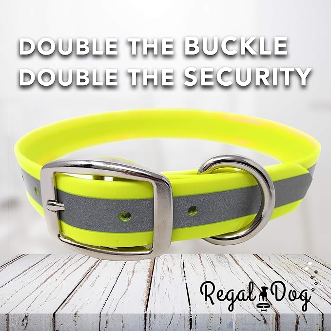 Regal Dog Products Large Yellow Reflective Dog Collar and Leash Set - Waterproof Biothane Dog Collar with Heavy Duty Double Buckle, D Ring & 5ft Leash - Other Size for Medium & Large Dogs