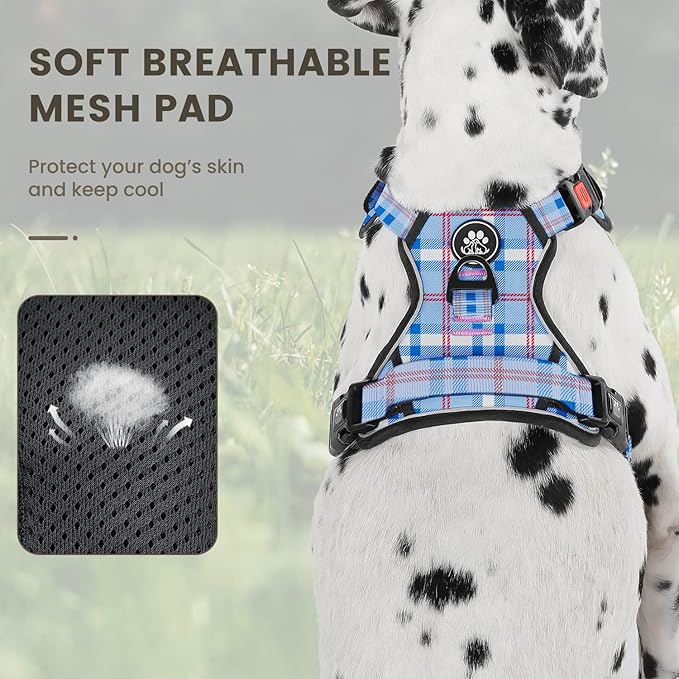 FURRYFECTION Plaid Dog Harness for Large Dogs | No Pull Reflective Pet Harness | No Choke Adjustable Dog Vest Harnesses | with Leash | Easy Control Handle | Front Lead | Seat Belt | Blue&White | L
