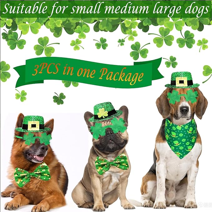 3 Pcs St Patrick's Day Dog Costume Leprechaun Pet Top Hat Irish Shamrock Bandana Green Four-Clover Sunglasses Triangle Bib Scarf Saint Patrick's Day Outfits for Medium Large Dogs
