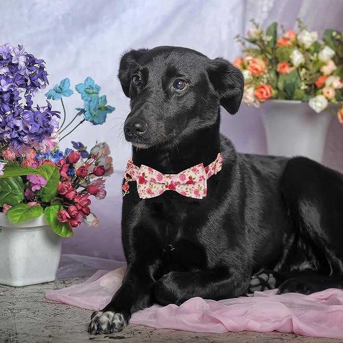 ADOGGYGO Floral Dog Collar with Bow, Red Pink Rose Flower Dog Bow Collar with Metal Buckle, Adjustable Pet Floral Collars for Large and Extra Large Dogs (X-Large)