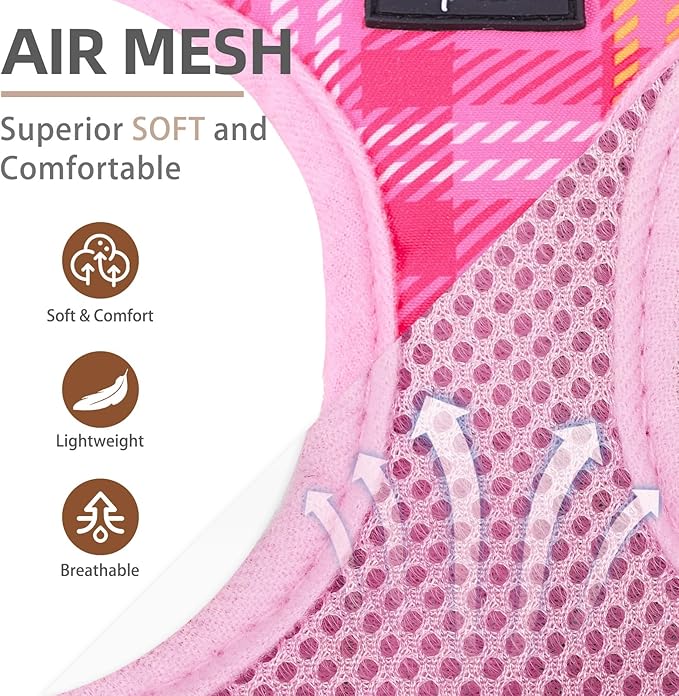 PUPTECK Dog Harness and Leash Set for Small Medium Dogs No Pull Step-in Soft Mesh Puppy Cat Vest Harnesses Reflective at Night, Plaid Pattern Pink S