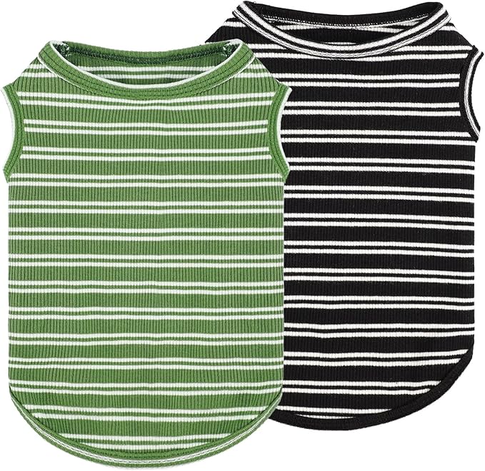 2Pack Dog Shirts for Small Dogs Girl Boy Striped Dog Shirt Vest Soft Stretchy Puppy Clothes Sleeveless Colorful Sweatshirt Small Puppy Outfit for Chihuahua Yorkie, Black+Green, S