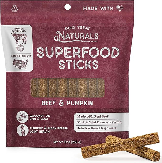 Beef & Pumpkin Superfood Sticks for Dogs | All-Natural Premium Training Dog Treats | Contains Turmeric for Joint Health | Made with Real Beef & Pumpkin | Made in USA | 10 Ounces