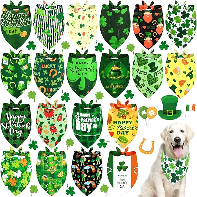 20 Pcs St. Patrick's Day Dog Bandana Pet Scarf Washable Triangle Bibs Shamrock Scarfs Adjustable Pet Triangle Washable Kerchief for St. Patrick's Day Dogs Cats (Shamrock, XL)