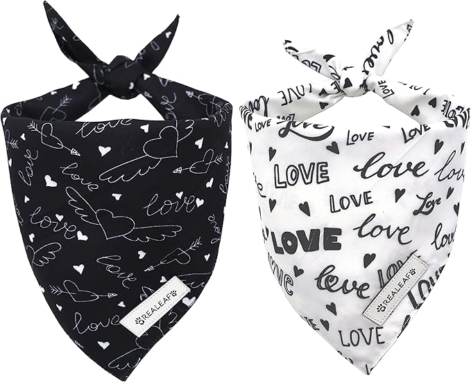 Realeaf Wedding Dog Bandanas 2 Pack, Reversible Love Pet Scarf for Boy and Girl, Premium Durable Fabric, Black and White Bandana for Small Medium Large and Extra Large Dogs (X-Large)