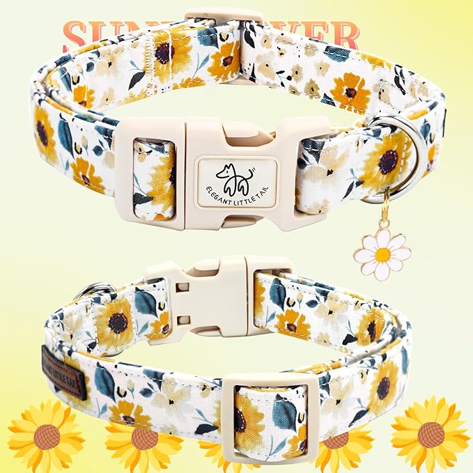 Elegant little tail Dog Collar, Sunflower Pattern Pet Collar Cute Durable Spring Female or Male Adjustable Cotton Pet Collar with Quick Release Buckle for Large Dogs