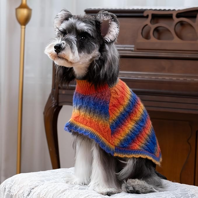 Rainbow Mohair Dog Sweater Cloak, Cold Weather Coat Dog Jacket for Small Dogs, Classic Turtleneck Thick Puppy Clothes with Leash Hole DS94L