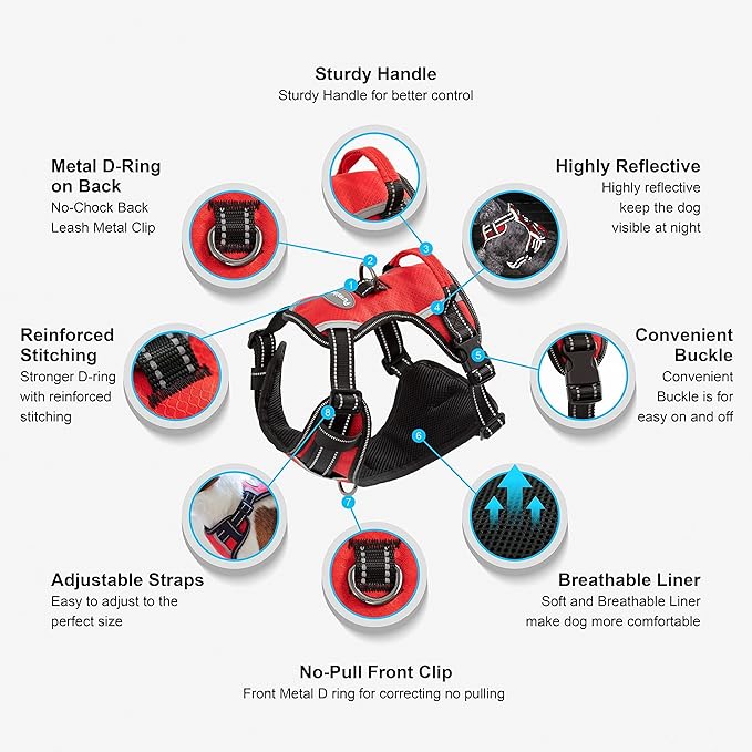 No Pull Dog Harness, Reflective Walking Dog Harness with Easy Control Handle and Front & Back Clips,Adjustable Breathable Soft Padded Dog Vest Harness for Large Medium Small Dogs,RED,M