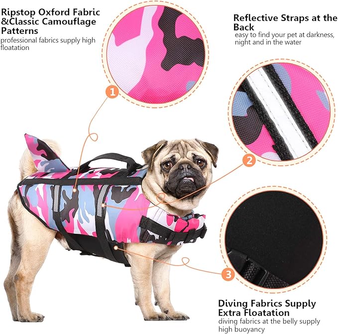 Queenmore Dog Life Jacket Pet Safety Vest High Buoyancy Camouflage Color Cute Shark with Strong Rescue Handle and Leash Ring for Boating, Canoeing, Surfing, Hunting, Pink L