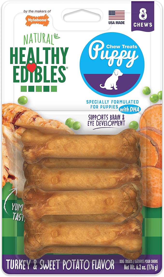 Nylabone Healthy Edibles Natural Puppy Chews Long Lasting Treats for Puppies, Turkey & Sweet Potato Flavor, X-Small/Petite (8 Count)