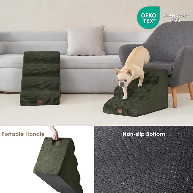 EHEYCIGA Curved Dog Stairs Ramp for Small Dogs 15.7" H, 3-Step Dog Steps for Couch Sofa and Chair, Pet Stairs for Cats, Non-Slip Balanced Pet Steps Indoor, Olive Green