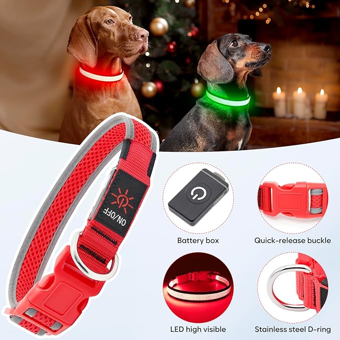 Flashseen LED Dog Collar, USB Rechargeable Light Up Dog Collar Lights, Adjustable Comfortable Soft Mesh Safety Dog Collar for Small, Medium, Large Dogs(Small, Ruby Red)