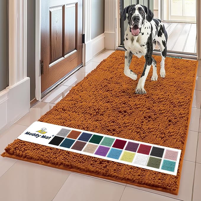 Muddy Mat® Shown on TV – Super Absorbent Microfiber Dog Door Mat for Muddy Paws, Non-Slip Washable Pet Rug, Quick Dry Chenille Entryway Carpet, Machine Washable Indoor Outdoor mat, Orange 59"x35"