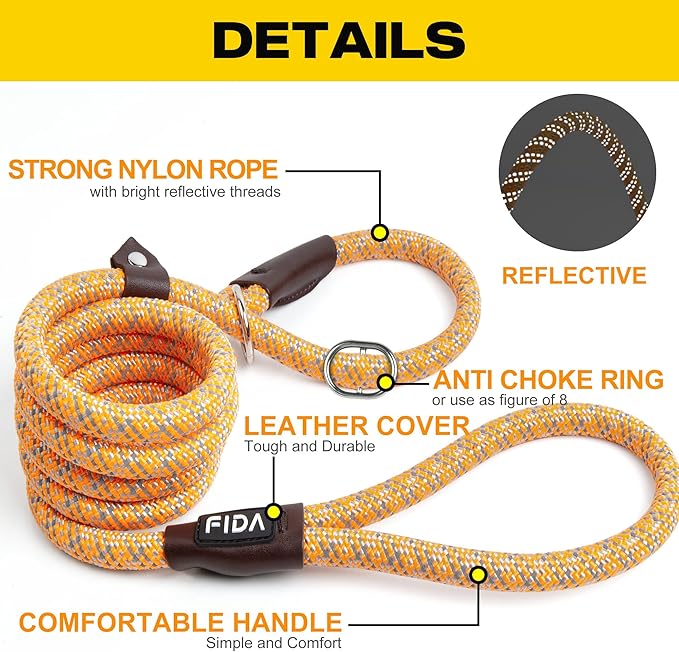 Fida Durable Slip Lead Dog Leash, 6 FT x 3/8" Heavy Duty Dog Loop Leash, Comfortable Strong Rope Slip Leash for Small Dogs and Puppies, No Pull Pet Training Leash with Highly Reflective (3/8", Orange)