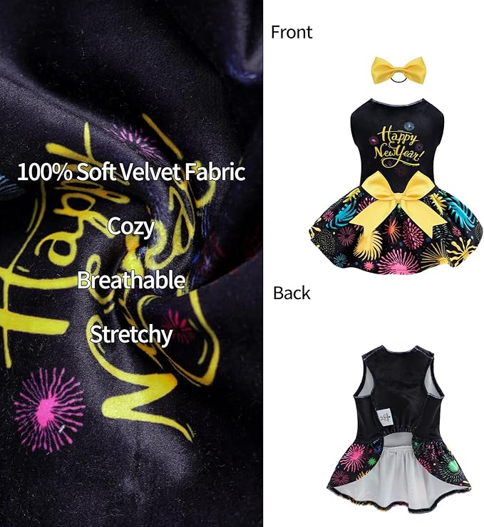 CuteBone Happy New Year Dog Dresses Velvet Holiday Small Dogs Clothes Onesie Pet Apparel Girl Puppy Skirt with Bow Hair Rope CVA56XS-D