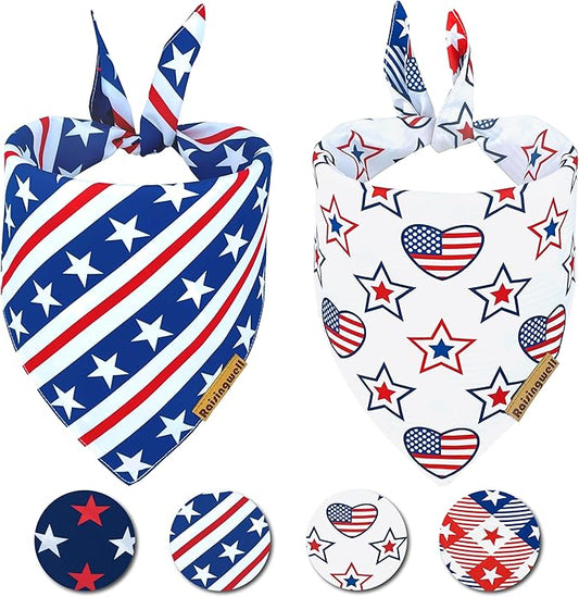 4th of July Dog Bandanas 2 Pack, 4 Pattern Reversible Holiday Bandana for Boy and Girl, Premium Durable Fabric, Summer Triangle Scarf for Medium to X-Large Breed Dogs (Large)