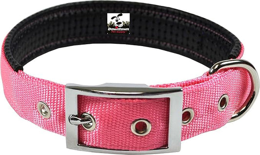 Downtown Pet Supply Deluxe Dog Collar - Padded Adjustable Collar with Metal Buckle & D-Ring - Machine Washable & Water Resistant - Pink - L/Large