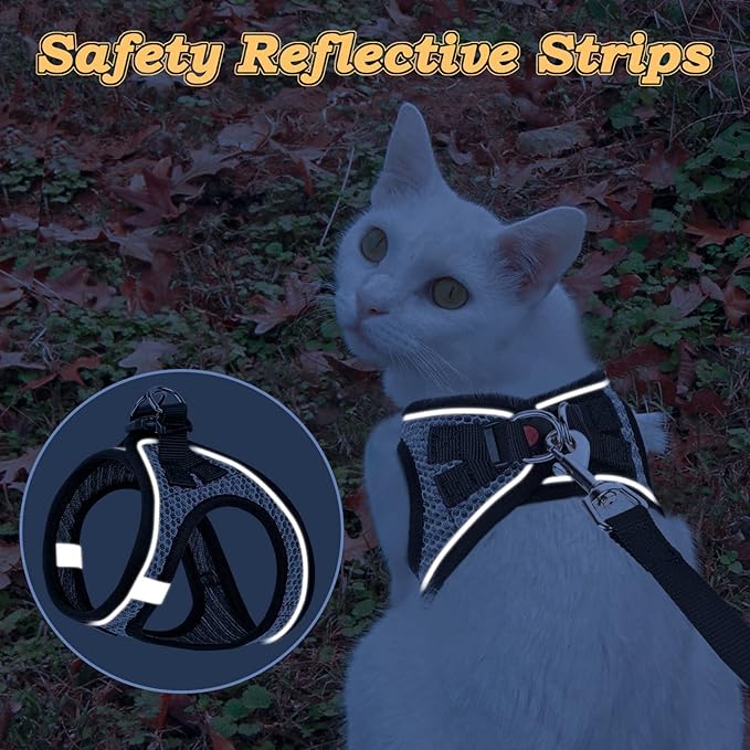 Cat Harness and Leash for Walking Escape Proof, Adjustable Kitten Vest Harness Reflective Soft Mesh Puppy Harness for Outdoor, Comfort Fit, Easy to Control (Gray, S)