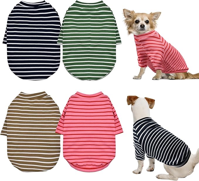 4 Pack Striped Dog Shirts Waffle Dog Clothes for Small Medium Dogs, Stretchy Dogs Boy Girl Dog T-Shirts Lightweight, Soft and Breathable Puppy Kitten Dog Shirts for Chihuahua