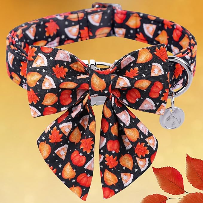 DOGWONG Fall Dog Collar with Bowtie - Fall Dog Collar Soft Cotton Autumn Dogs Necklace - Halloween Puppy Necklace for Small Medium Large Dogs