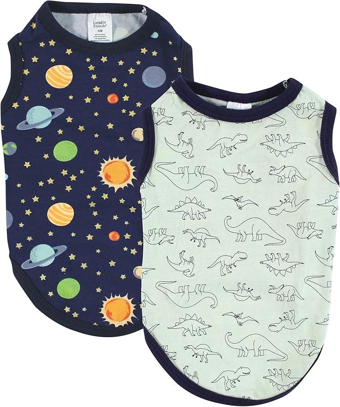 Luvable Friends Dog Pet Dog and Cats Cotton T-Shirts 2pk, Dino Space, X-Large