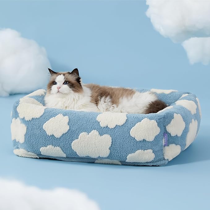 Lesure Cute Cat Beds for Indoor Cats - Washable Kitten Puppy Beds,Cozy Rectangle Orthopedic Pet Sofa with Jacquard Shaggy Plush & Anti Slip Bottom,20x19x6inches